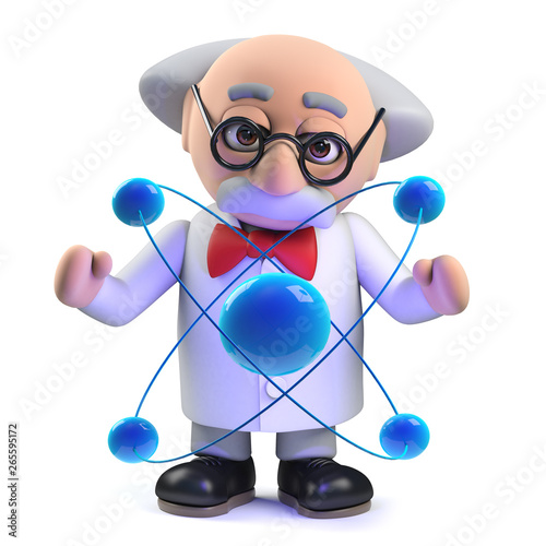 Konstfotografi 3d Mad scientist professor character studying an atom