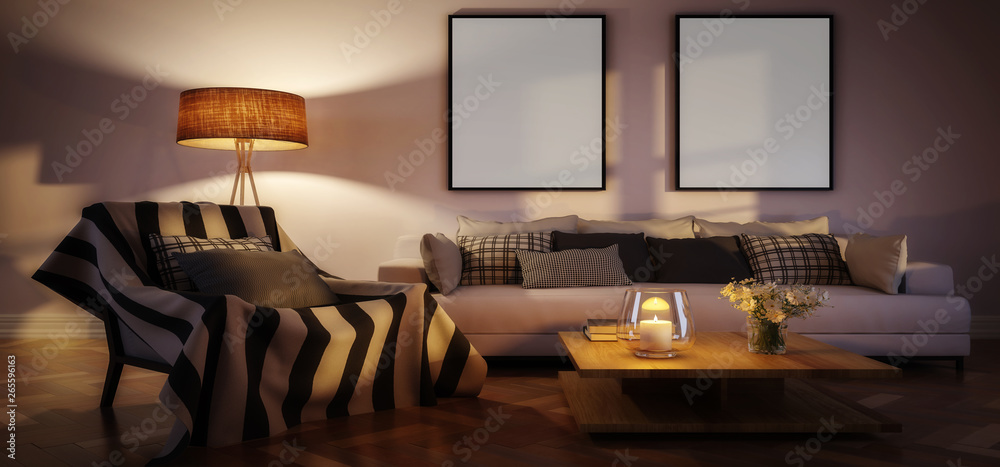 Modern living room interior with mockup frames by evening (panoramic) - 3d illustration - obrazy, fototapety, plakaty 