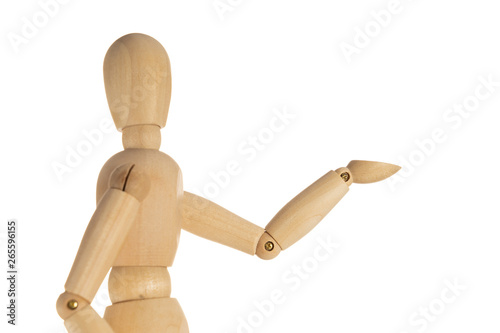 Business and Design Concept - Wooden Mannequin with Welcome Gesture Isolated on White Background