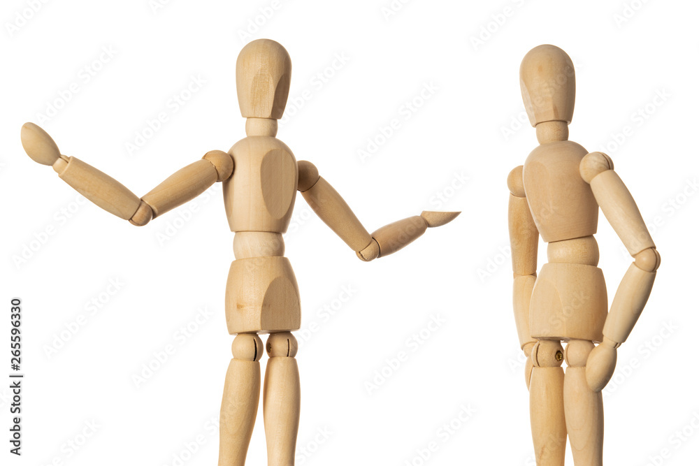 Two Wooden Dolls Figure Joyfully Talking Old Friends Meeting Concept on White Background Two Wooden Dolls Figure Joyfully Talking Old Friends Meeting Concept on White Background