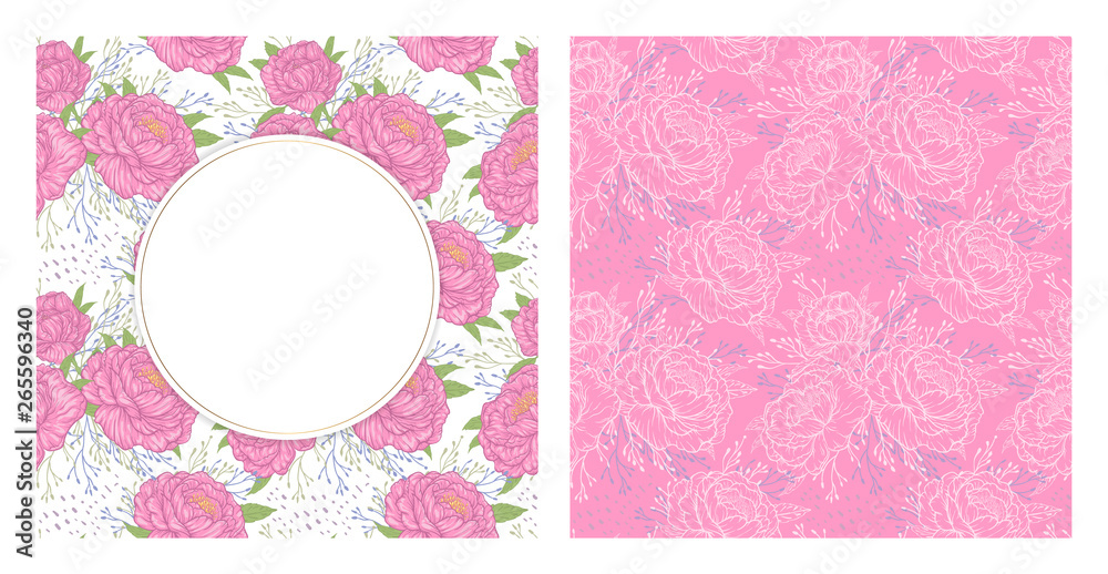 Invitation card template. Vector illustration of beautiful spring peonies on white background with circle golden frame. 