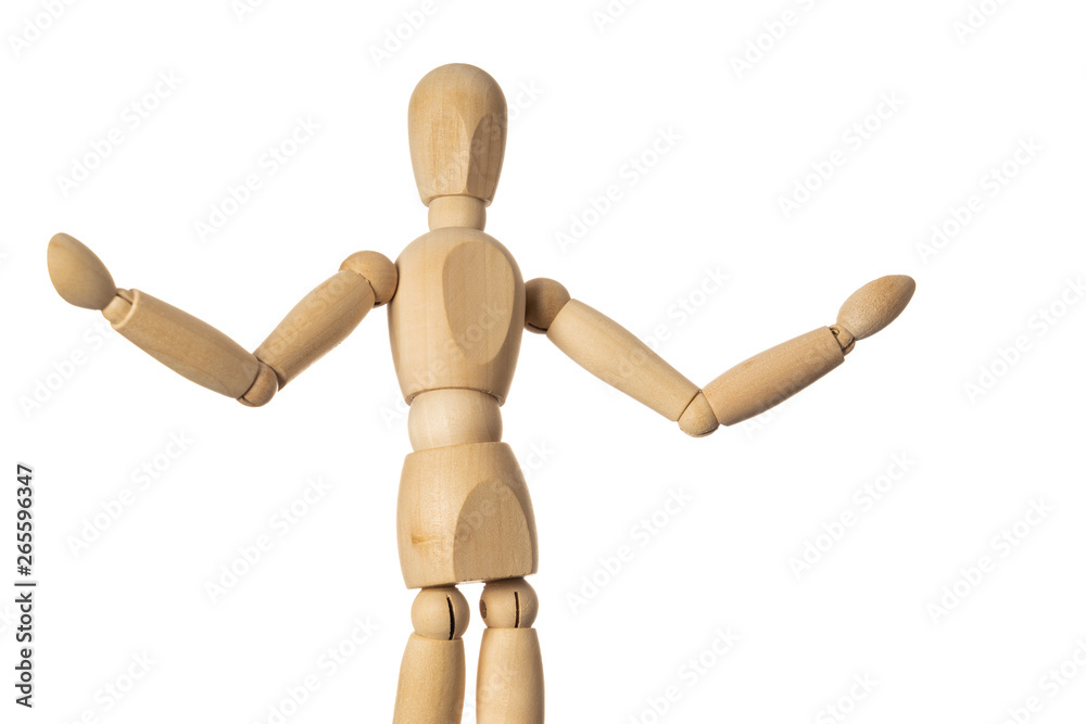 Wooden Mannequin with Arms Up Isolated on White Background Wooden Mannequin with Arms Up Isolated on White Background