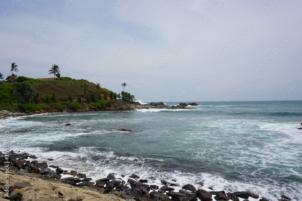 View on hill with palmtrees and see with rocks near Tangalle Sri Lanka