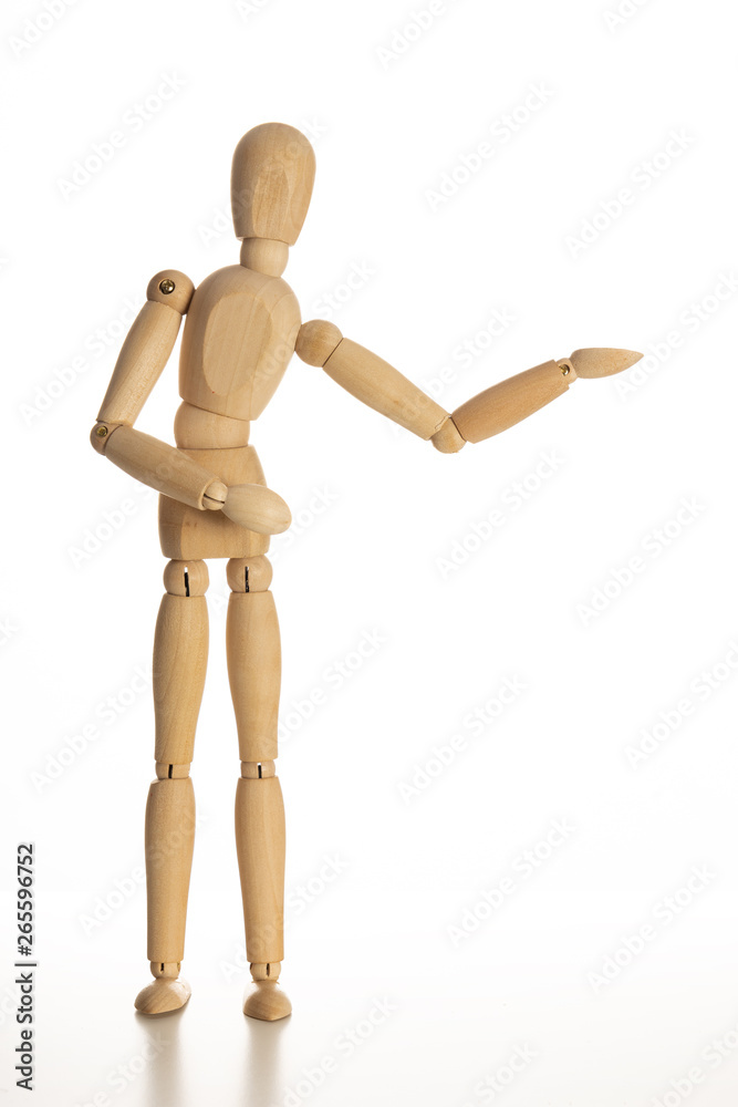 Business and Design Concept - Wooden Mannequin with Welcome Gesture Isolated on White Background Business and Design Concept - Wooden Mannequin with Welcome Gesture Isolated on White Background