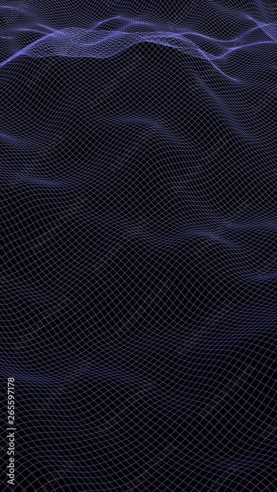 Naklejka premium Abstract landscape on a dark background. Cyberspace navy blue grid. hi tech network. 3D illustration