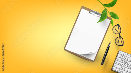 Supplies For Education And Work Flat Lay Vector. Blank Paper On Clipboard, Green Branch Of Home Tree And Eye Glasses, Writing Pen And Keyboard On Work Desk. Copy Space Top View Illustration