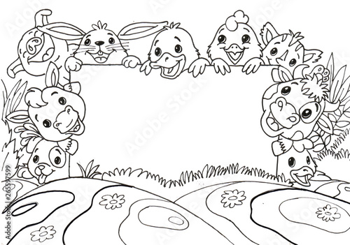Vector illustration hand drawing of Cute doodle farm animals cartoon