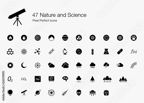 47 Nature and Science Pixel Perfect Icons (Filled Style). Vector icons for nature, science, space, biology, and medical research.