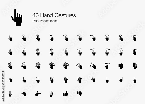 46 Hand Gestures and Finger Actions Pixel Perfect Icons (Filled Style). Vector icons of hand and finger pointing, pressing, sliding, and holding when using touchscreen on smartphone or tablet device.