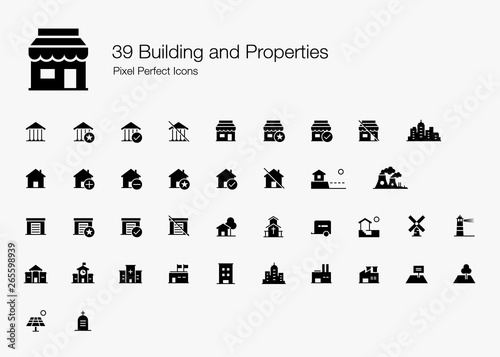 39 Building and Properties Pixel Perfect Icons (Filled Style). Vector building icons of house, shop, factory, school, government, garage, hospital, land, and more.