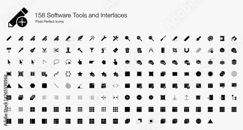 158 Software Tools and Interfaces Pixel Perfect Icons (Filled Style). Vector icons set for software development and user interfaces designs.