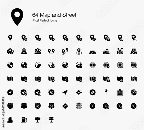 64 Map and Street Pixel Perfect Icons (Filled Style). Vector icons for map, directions, and GPS.