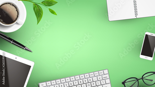 Supplies For Daily Working Day Flat Lay Vector. Spiral Binder Paperclip Notepad Near Phone And Glasses, Keypad, Tablet, Pen And Cup Of Coffee On Working Desk. Copy Space Top View Illustration