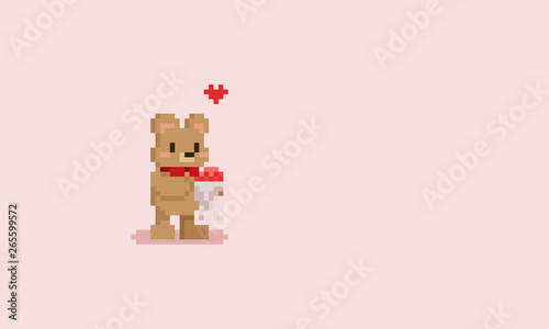 Pixel bear with flower bouquet.Valentine's day.8bit.