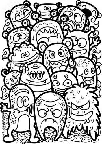 Vector illustration cute doodle monsters hand drawing stylus art coloring book. 