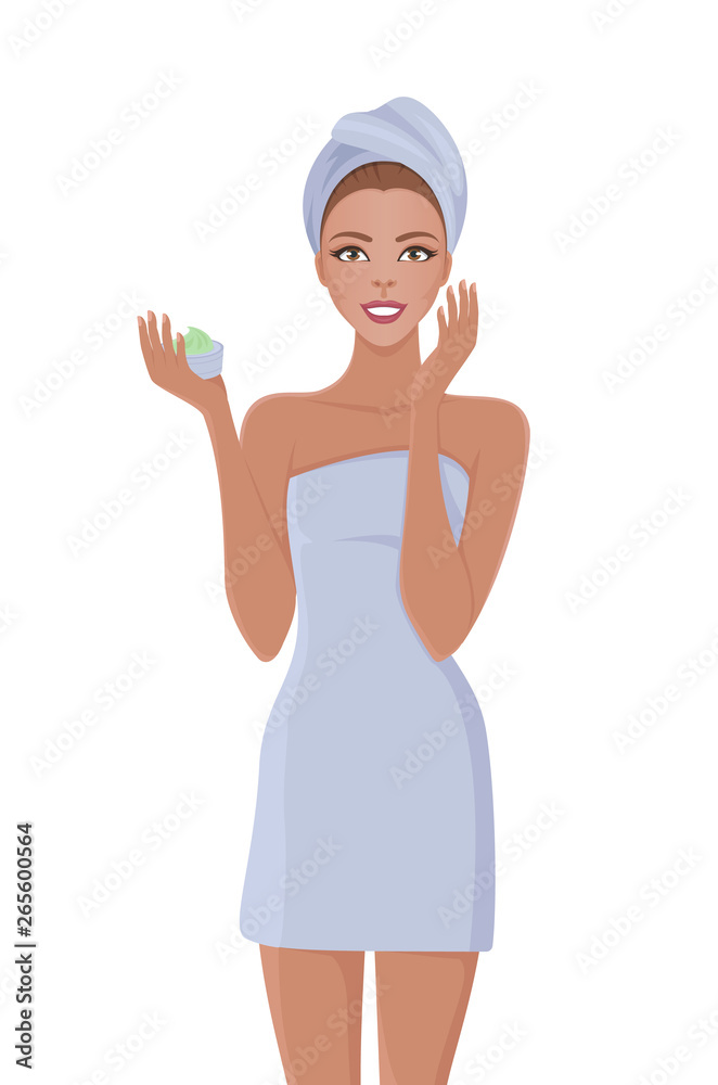 Skin care woman template in bath towel. Vector illustration of female applying cosmetic products on her face. Isolated on white. Skin care woman template in bath towel. Vector illustration of female applying cosmetic products on her face. Isolated on white.