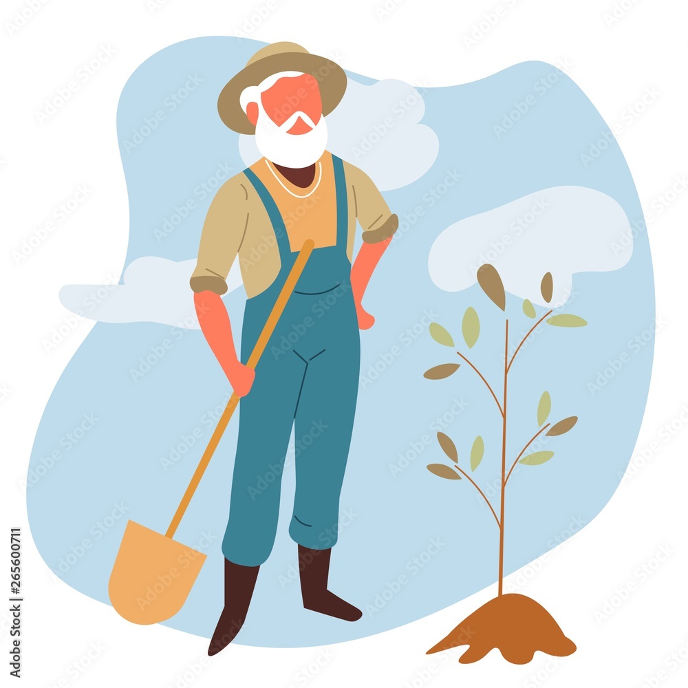 Elderly man with spade and tree sprout gardening work Elderly man with spade and tree sprout gardening work
