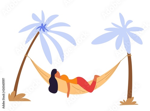 Woman lying in hammock under palms isolated character