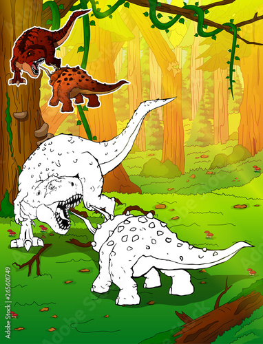 Coloring dinosaurs. Tyrannosaurus Rex vs Triceratops. Coloring for kids.