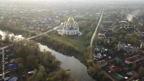 Morshansk city spring aerial view. Russia. Trinity Cathedral. Cna river photo