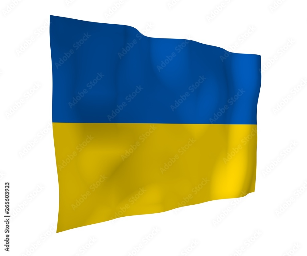 The flag of Ukraine on a white background. National flag and state ensign. Blue and yellow bicolour. 3D illustration waving flag The flag of Ukraine on a white background. National flag and state ensign. Blue and yellow bicolour. 3D illustration waving flag