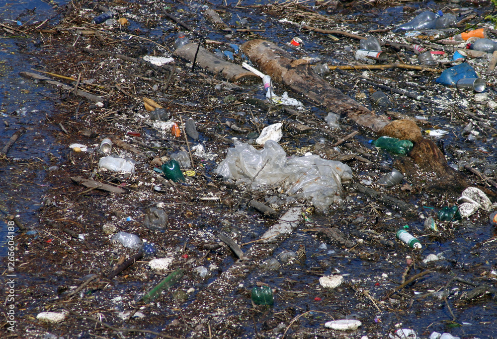 Obraz premium Polluted river with plastic bottle and many garbage