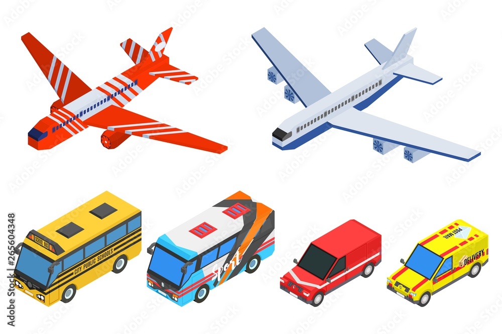 selection of passenger transport isometric buses planes