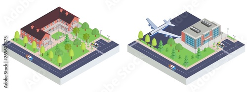 isometric city airport and toy museum