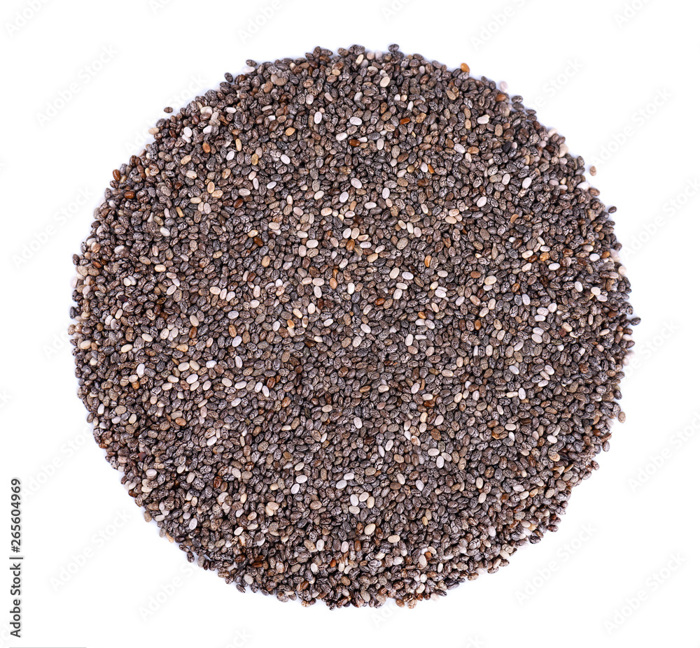 Circle of chia seeds, isolated on white background. Healthy superfood. Closeup macro of small organic chia seeds. Top view. Circle of chia seeds, isolated on white background. Healthy superfood. Closeup macro of small organic chia seeds. Top view.