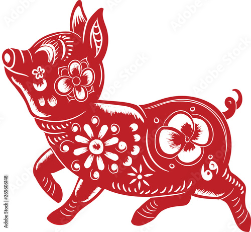 Vector illustration of Chinese Zodiac Sign Year of Pig,Red paper cut pig,Happy Chinese New Year 2019 year of the pig or pork
