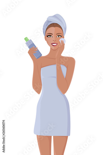 Skin care woman template in bath towel. Vector illustration of female applying cosmetic products on her face. Isolated on white.