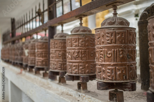 Buddhist prayer wheels at a temple in Nepal