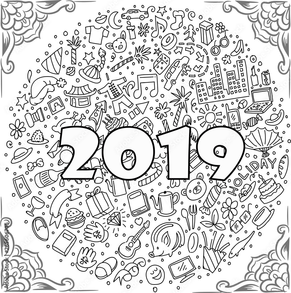 Vector illustration hand drawn of 2019 year.