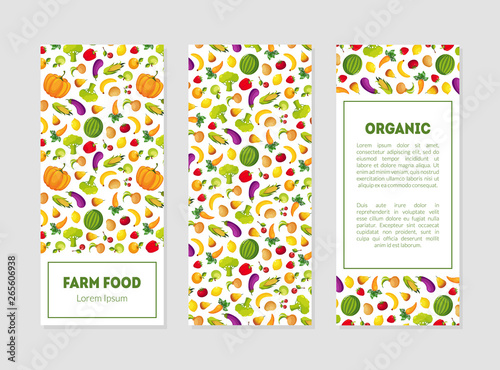 Organic Farm Food Banner Templates Set with Fresh Fruits, Vegetables and Place for Text, Design Element can Be Used for Grocery Shop, Farm Market, Cafe Menu Vector Illustration