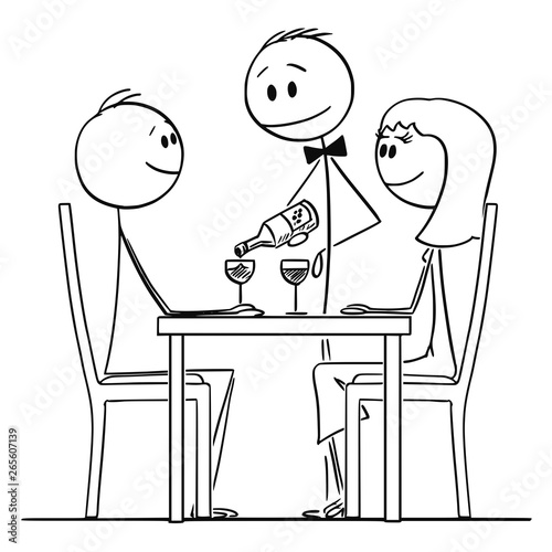 Cartoon stick figure drawing conceptual illustration of loving couple of man and woman sitting behind table in restaurant and watching waiter pouring wine in glasses.