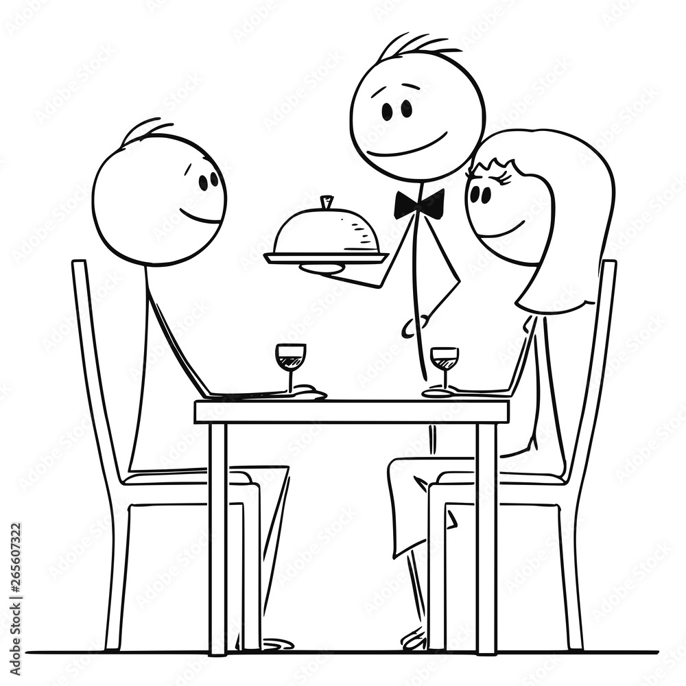 Cartoon stick figure drawing conceptual illustration of loving couple of  man and woman sitting behind table in restaurant and watching waiter  serving food. Stock Vector | Adobe Stock