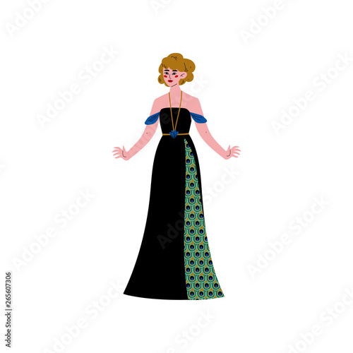 Beautiful Woman Wearing Elegant Black Dress with Pattern of Peacock Feathers Vector Illustration