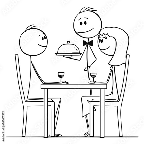 Cartoon stick figure drawing conceptual illustration of loving couple of man and woman sitting behind table in restaurant and watching waiter serving food.