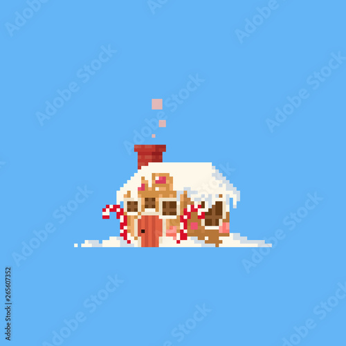Pixel gingerbread house with snow.Christmas.8bit.