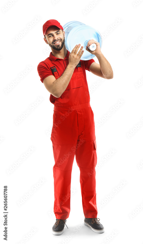 Delivery man with bottle of water on white background Delivery man with bottle of water on white background
