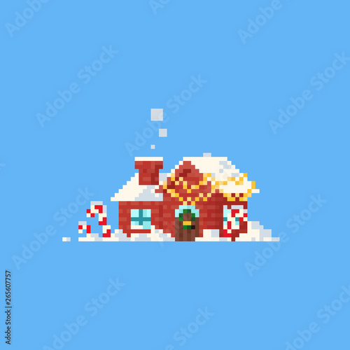 Pixel house with christmas home decor and snow.8bit.