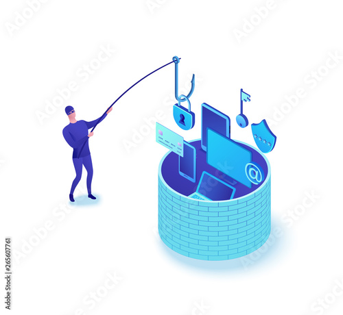 Phishing attack concept, data theft 3d isometric vector illustration, man fishing information, cyber crime, hacking, computer security, criminal people, software safety