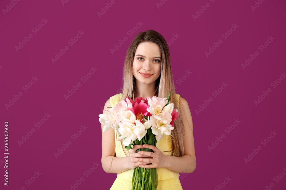 Young woman with bouquet of beautiful tulips on color background Young woman with bouquet of beautiful tulips on color background