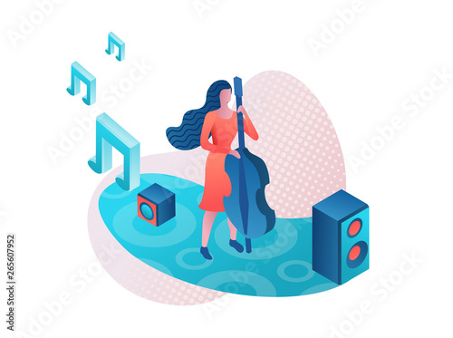 Contrabass 3d isometric vector illustration, woman playing double bass at concert, girl at music festival template
