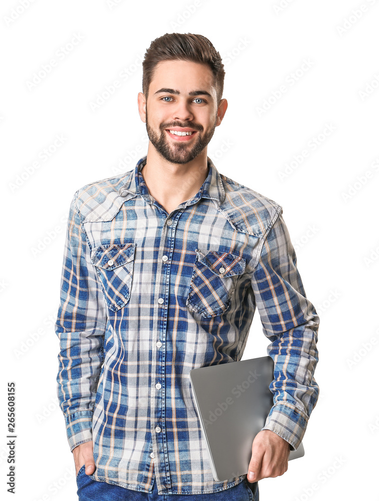 Male programmer with laptop on white background Male programmer with laptop on white background