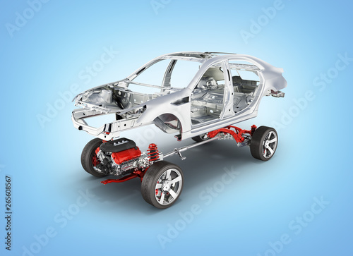 Body and suspension of the car with wheel and engine Undercarriage with bodycar in detail isolated on blue gradient background 3d