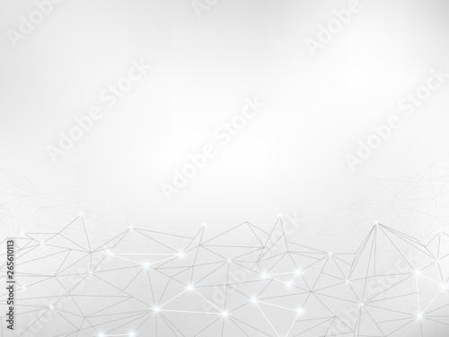 Abstract background with polygonal mesh, luminous points of light. Simple gray geometric design. Empty space for text.