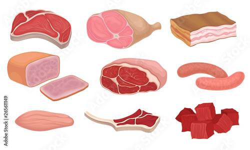 Fresh meat products and raw meat. Vector illustration.