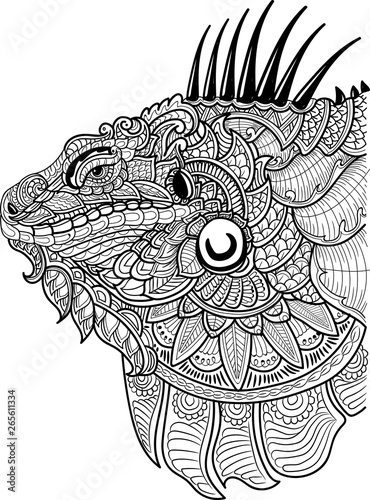 Ethnic patterned ornate hand drawn head of Iguana. Black and white doodle vector illustration. Sketch for tattoo, poster, print or t-shirt.