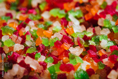 Multicolored candied fruit on full frame close-up. Tutti-Frutti, served in a bowl, selective focus. photo